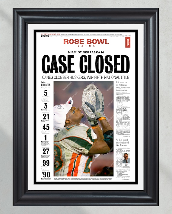 2001 Miami Hurricanes NCAA College Football National Champions Framed Front Page Newspaper Print