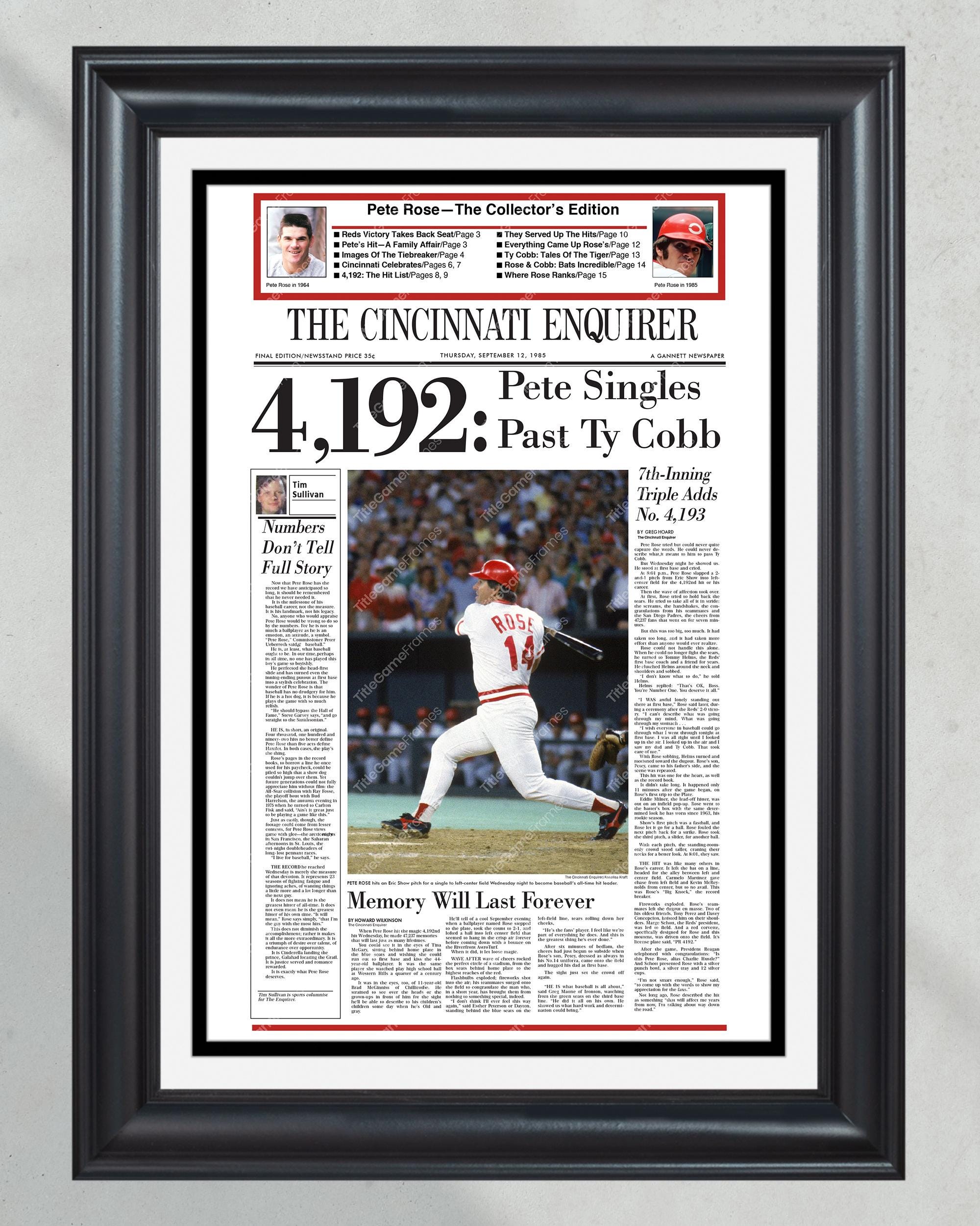 1985 Pete Rose Cincinnati Reds 4192 Hit Record Framed Front Page Newspaper Print PT60477