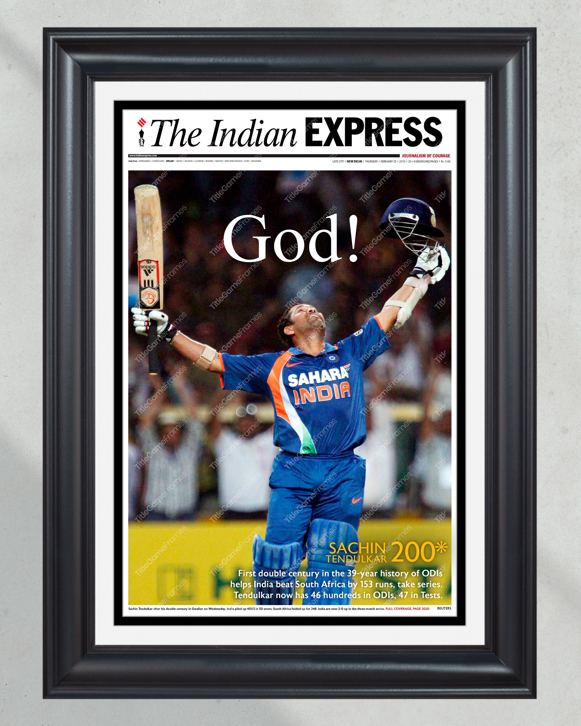 2010 Sachin Tendulkar Double Century "God Of Cricket" Framed Newspaper PT60936