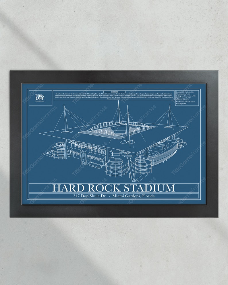 Miami Dolphins Hard Rock Stadium Blueprint Football Print image 4