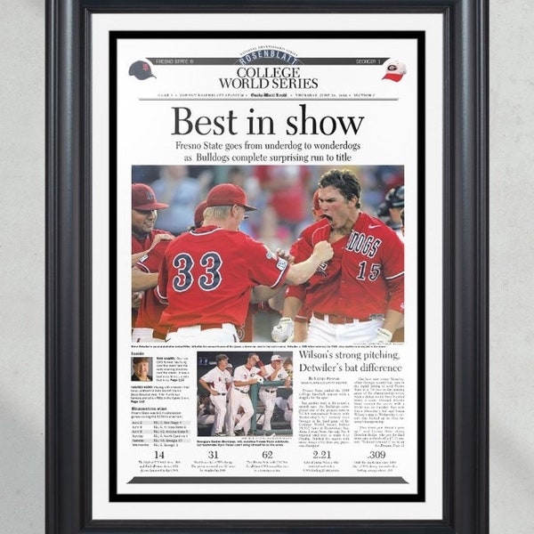 2008 Fresno State Bulldogs College World Series Champions Framed Front Page Newspaper Print