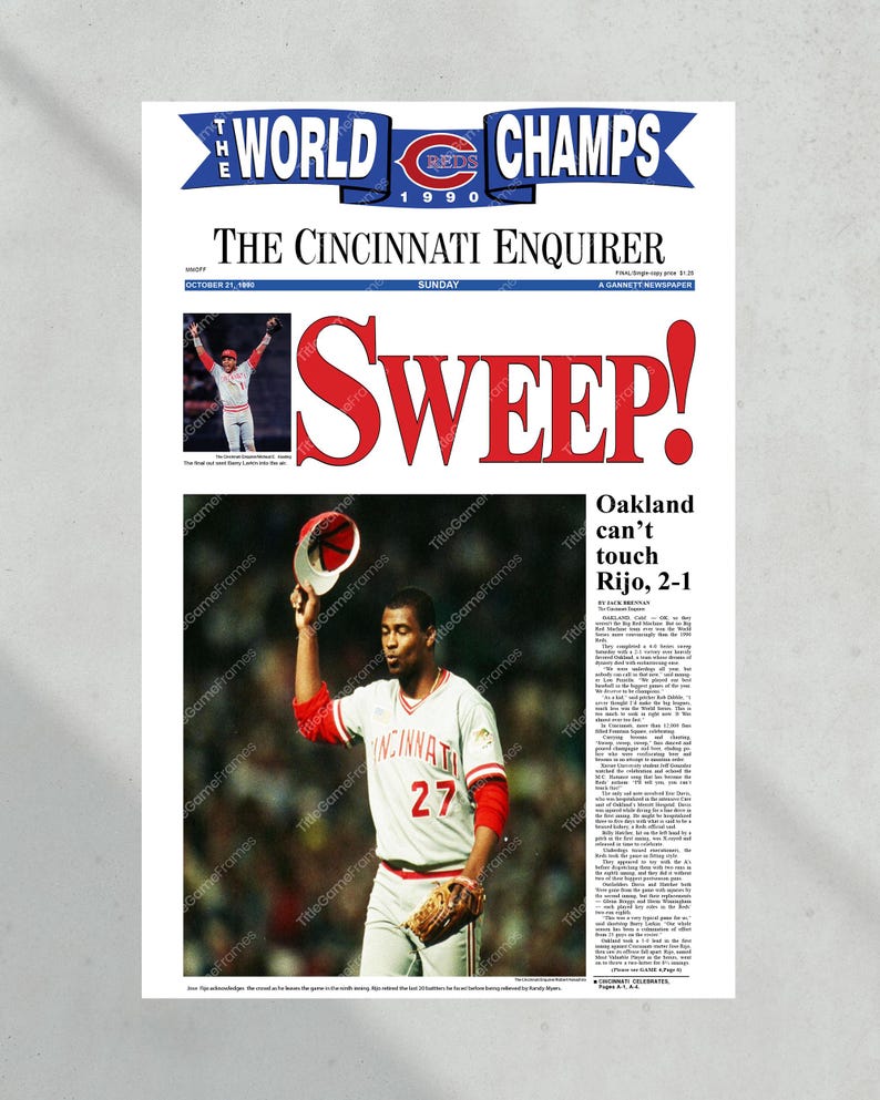 1990 Cincinnati Reds 'SWEEP!' World Series Champions Framed Front Page ...