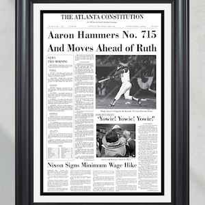 1974 Hank Aaron Record Home Run #715 Framed Front Page Newspaper Print