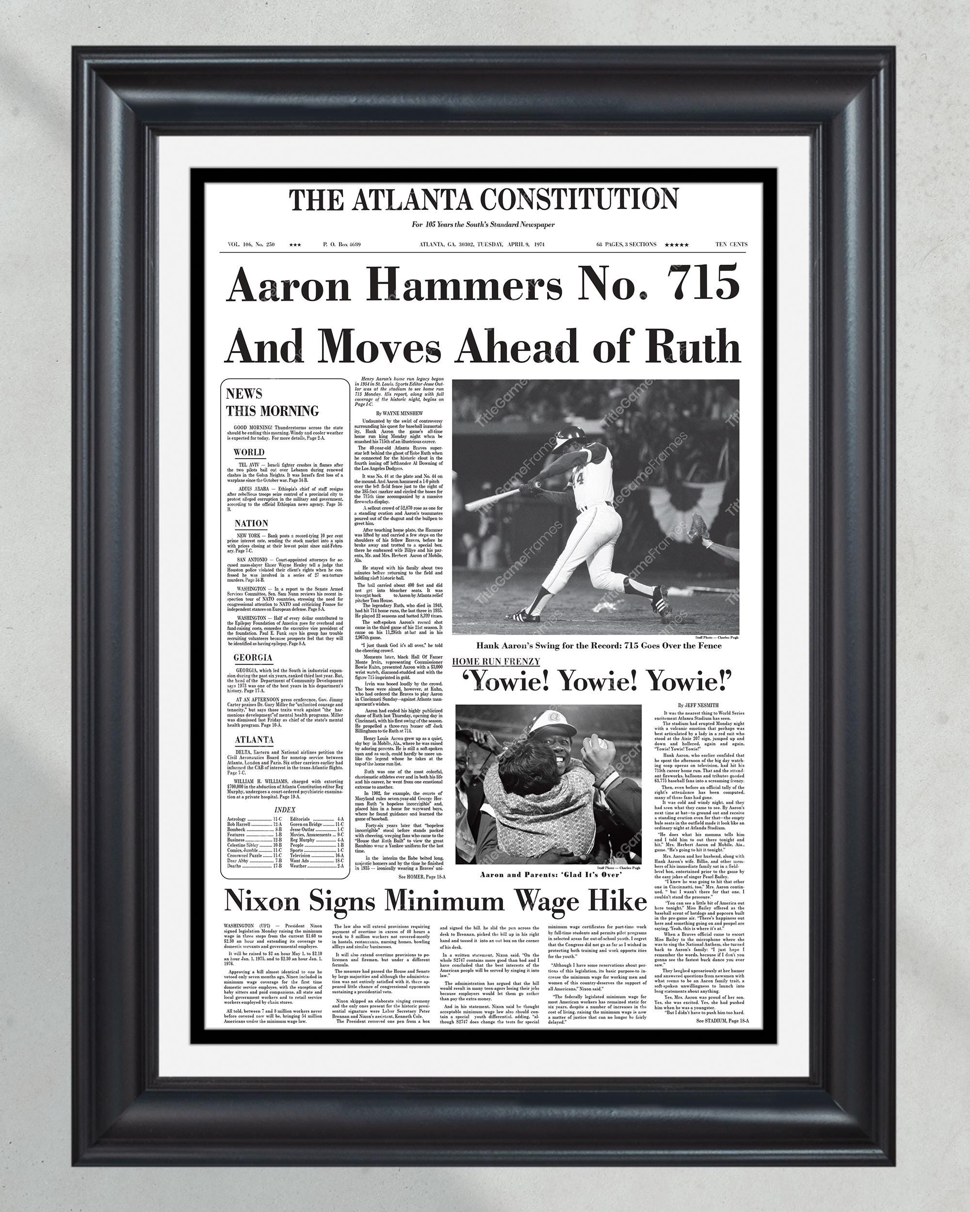 1974 Hank Aaron Record Home Run #715 Framed Front Page Newspaper Print PT60649