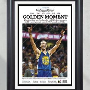 "2015 Golden State warriors ""GOLDEN MOMENT"" NBA Champs gerahmte Titelseite Zeitung."