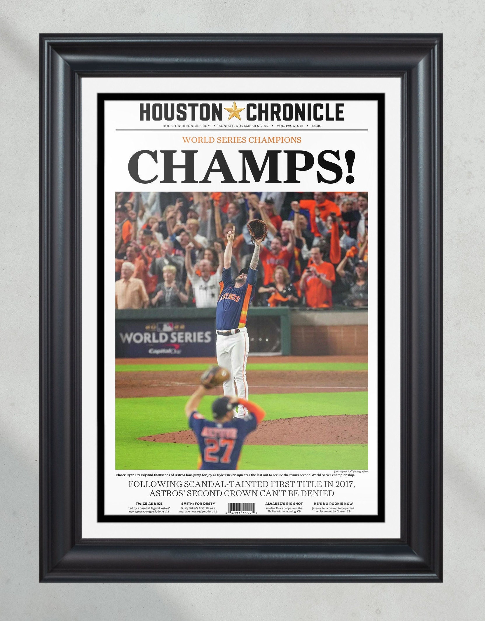 2022 Houston Astros "Champs" World Series Framed Front Page Newspaper Print PT60570
