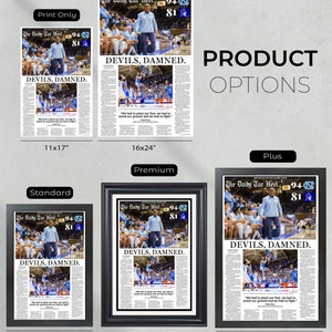 Puede incluir: Una impresi&oacute;n enmarcada de un art&iacute;culo de peri&oacute;dico con el titular "DEVILS, DAMNED." El art&iacute;culo presenta una foto de un entrenador de baloncesto y jugadores. La impresi&oacute;n est&aacute; disponible en varios tama&ntilde;os, incluyendo 28x43 cm, 33x48 cm, 41x61 cm, 43x58 cm y 46x66 cm.