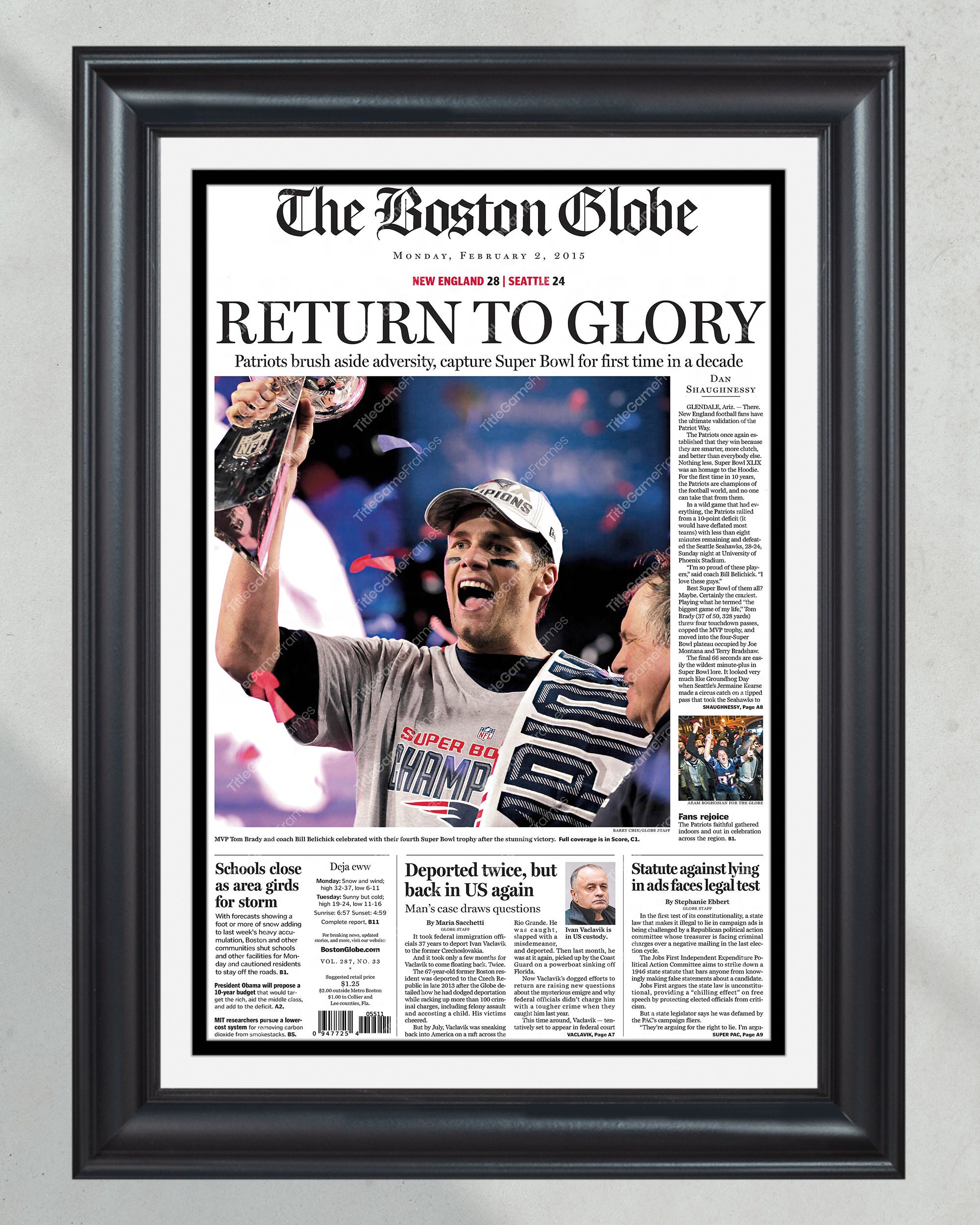 2015 New England Patriots Super Bowl XLIX "Return to Glory" Framed Front Page Newspaper PT60756