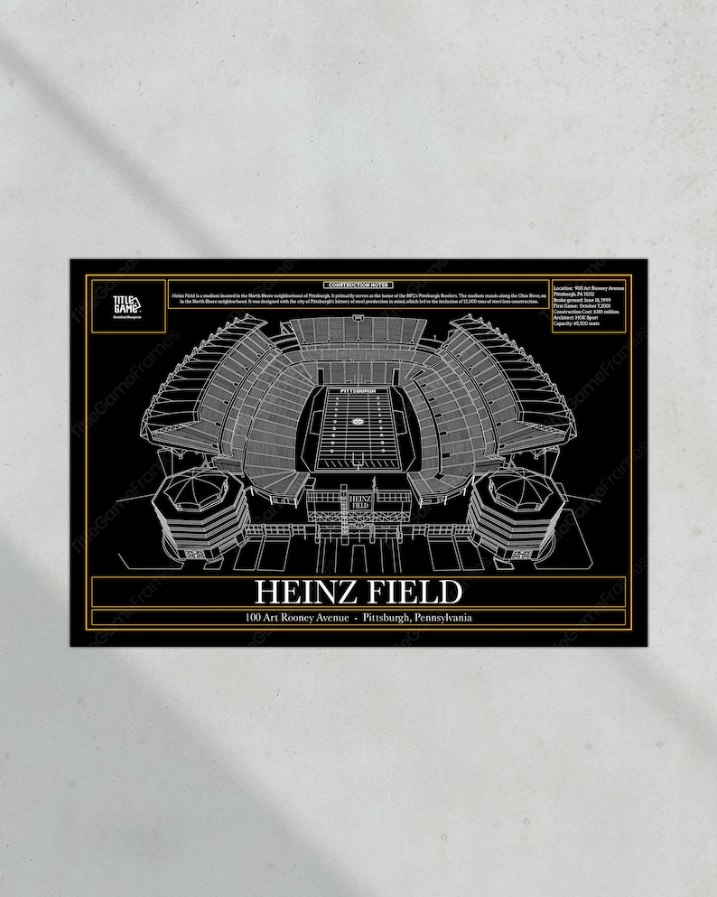 May include: A black and white architectural illustration of Heinz Field, a football stadium in Pittsburgh, Pennsylvania. The stadium is shown from an aerial perspective, with the field and seating areas visible. The text "HEINZ FIELD" and "100 Art Rooney Avenue - Pittsburgh, Pennsylvania" is displayed below the stadium.