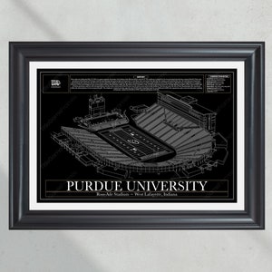 May include: A black and white architectural drawing of Ross-Ade Stadium, home of the Purdue Boilermakers football team. The stadium is located in West Lafayette, Indiana. The drawing shows the stadium's layout, including the seating areas, the field, and the surrounding buildings. The text "Purdue University" and "Ross-Ade Stadium - West Lafayette, Indiana" is included in the drawing.