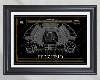 May include: A black and white architectural drawing of Heinz Field, a football stadium in Pittsburgh, Pennsylvania. The drawing shows the stadium's seating layout, field, and surrounding buildings. The text "HEINZ FIELD" and "100 Art Rooney Avenue - Pittsburgh, Pennsylvania" is included in the drawing.