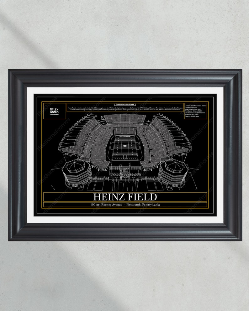 May include: A black and white architectural drawing of Heinz Field, a football stadium in Pittsburgh, Pennsylvania. The drawing shows the stadium's seating layout, field, and surrounding buildings. The text "HEINZ FIELD" and "100 Art Rooney Avenue - Pittsburgh, Pennsylvania" is included in the drawing.