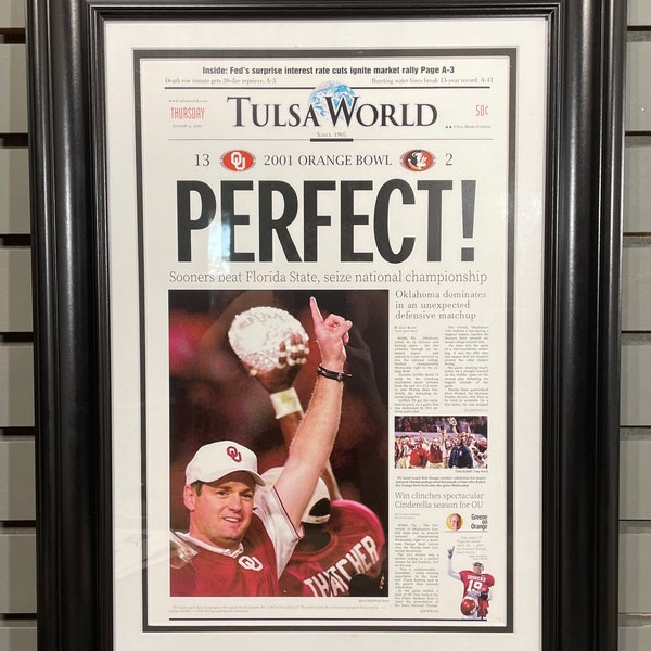 2000 Oklahoma Sooners NCAA College Football National Champions Framed Front Page Newspaper Print