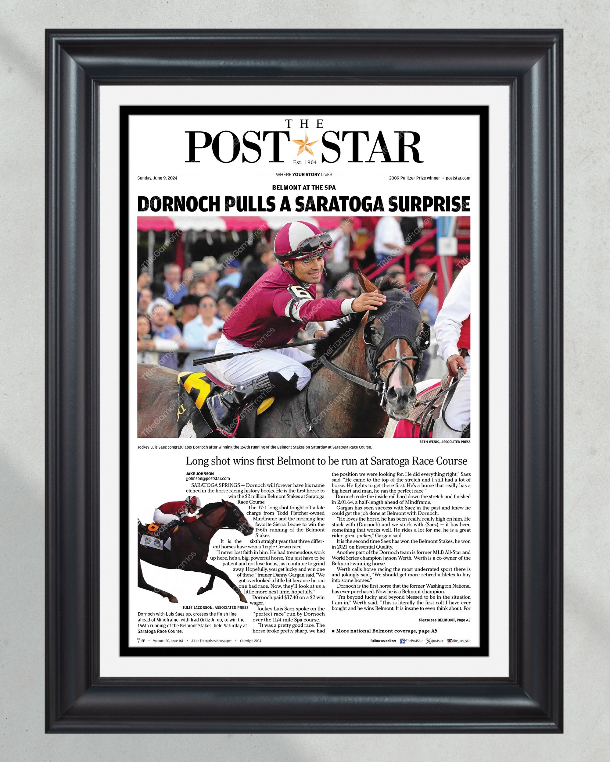 2024 Belmont Stakes Victory: Dornoch's Saratoga Surprise Framed Newspaper PT60453