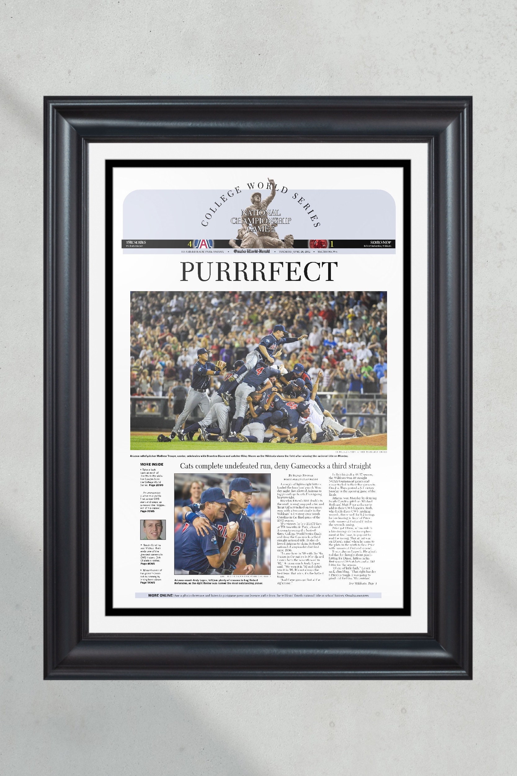 2012 Arizona Wildcats College World Series Champions Framed Front Page Newspaper Print PT60996
