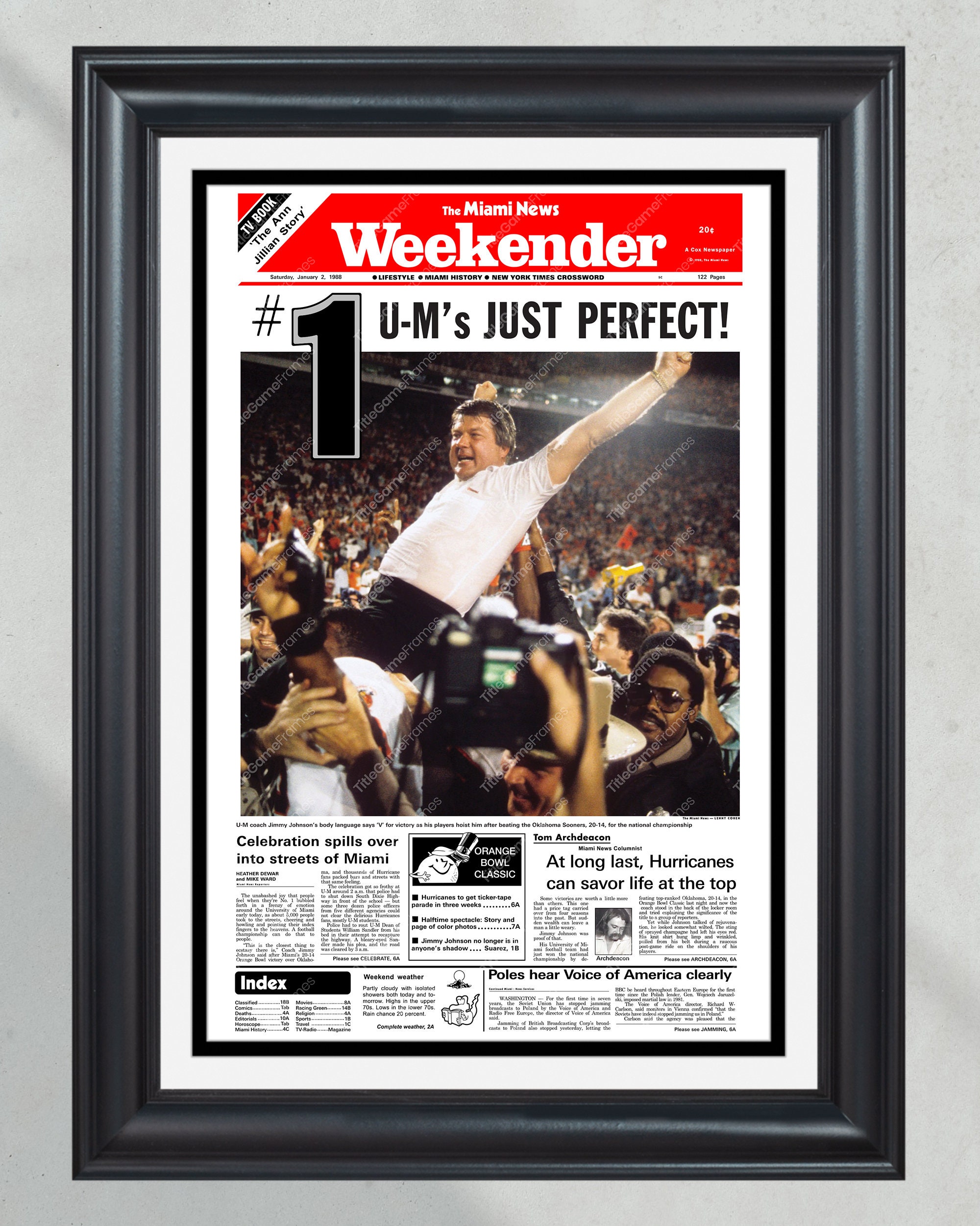 1988 Miami Hurricanes NCAA College Football National Champions Framed Front Page Newspaper Print PT60884