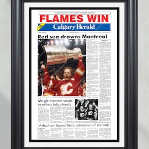 1989 Calgary Flames Stanley Cup Champion Framed Front Page Newspaper Print