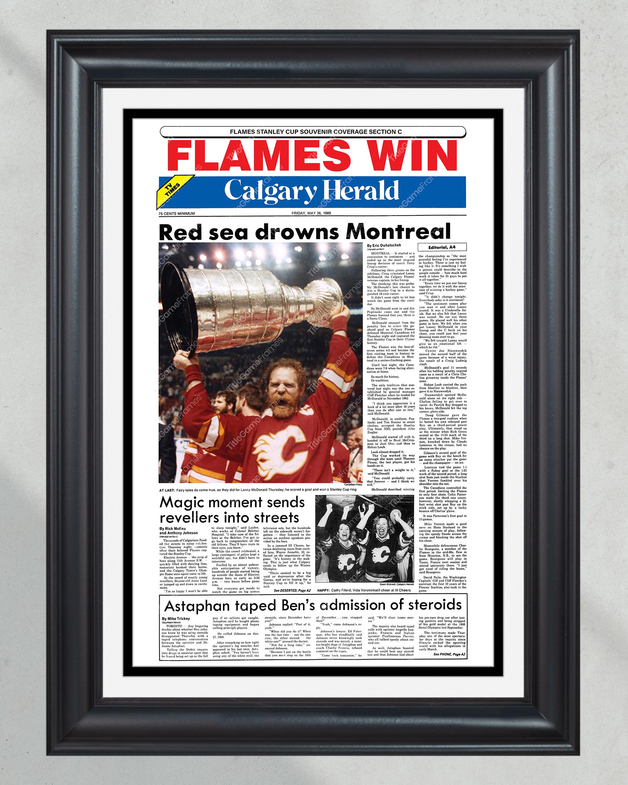1989 Calgary Flames Stanley Cup Champion Framed Front Page Newspaper Print PT60424
