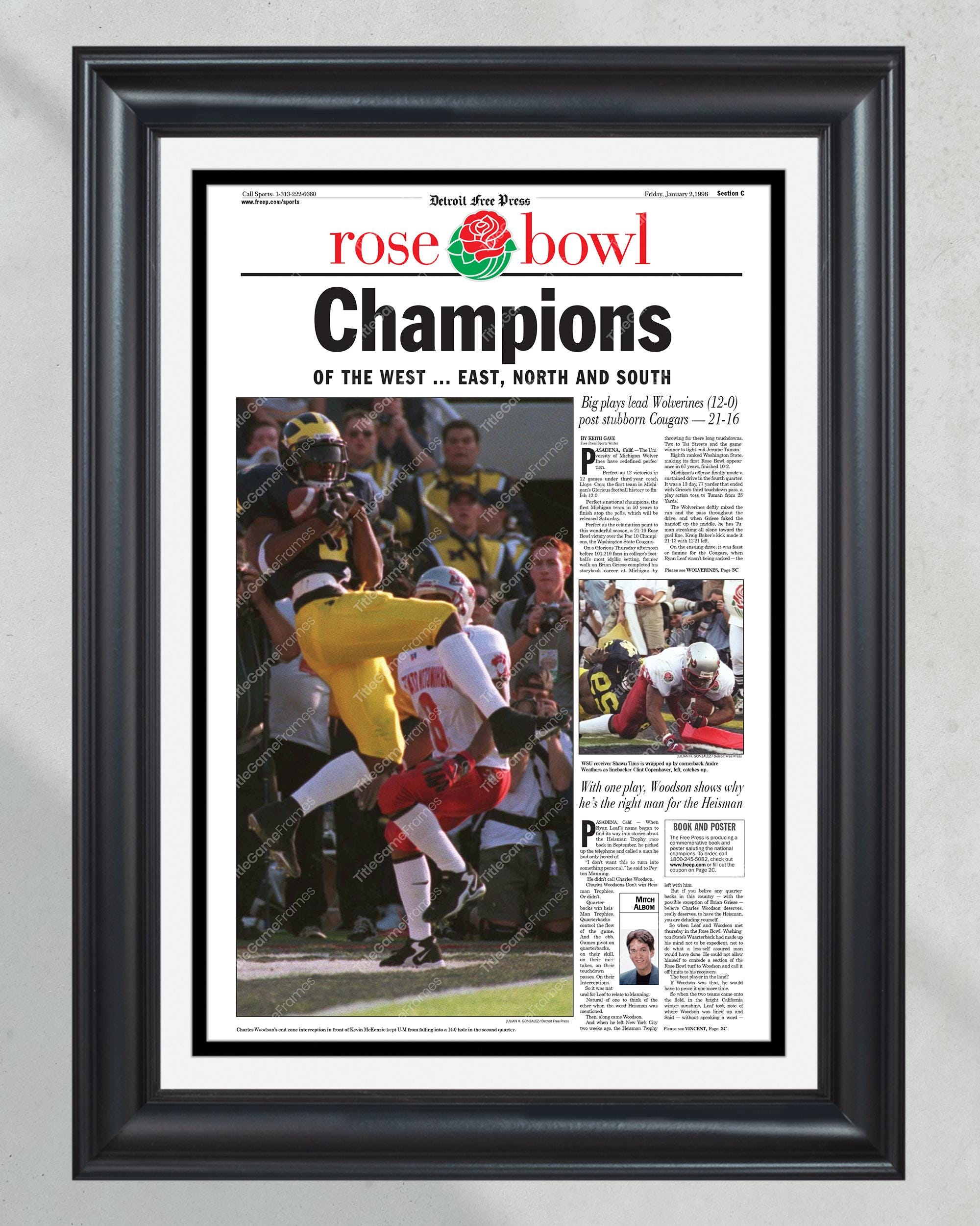 1997 Michigan Wolverines NCAA College Football National Champions Framed Front Page Newspaper Print Woodson PT60785