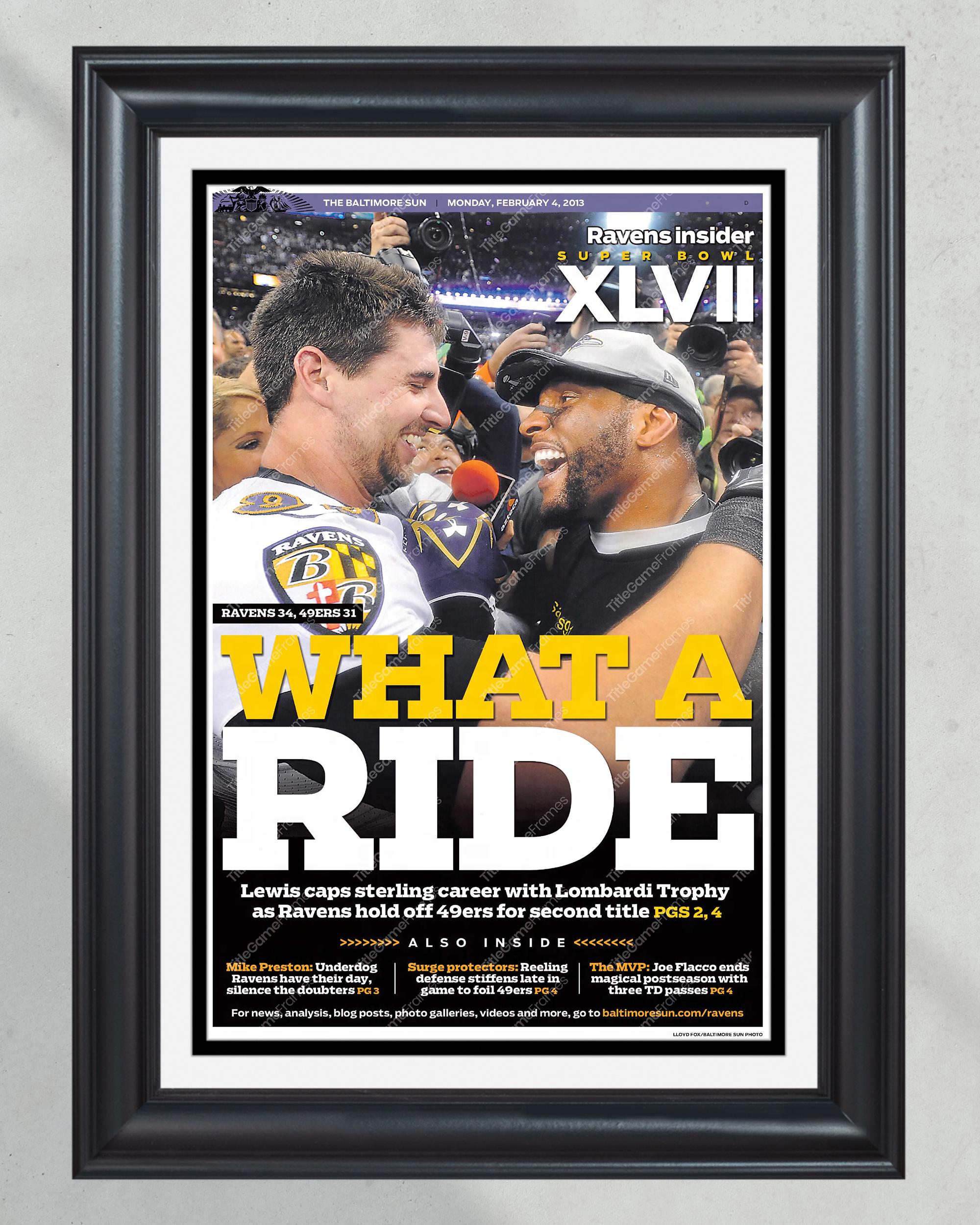 2013 Baltimore Ravens 'What a Ride' Super Bowl Celebration - Ray Lewis & Dennis Pitta Framed Newspaper PT61000