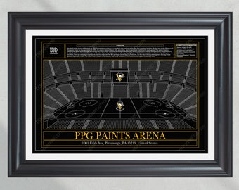 May include: A black and white illustration of the PPG Paints Arena in Pittsburgh, Pennsylvania. The arena is home to the Pittsburgh Penguins NHL hockey team. The text "PPG Paints Arena" and the address "1001 Fifth Ave, Pittsburgh, PA 15219, United States" are included in the image.