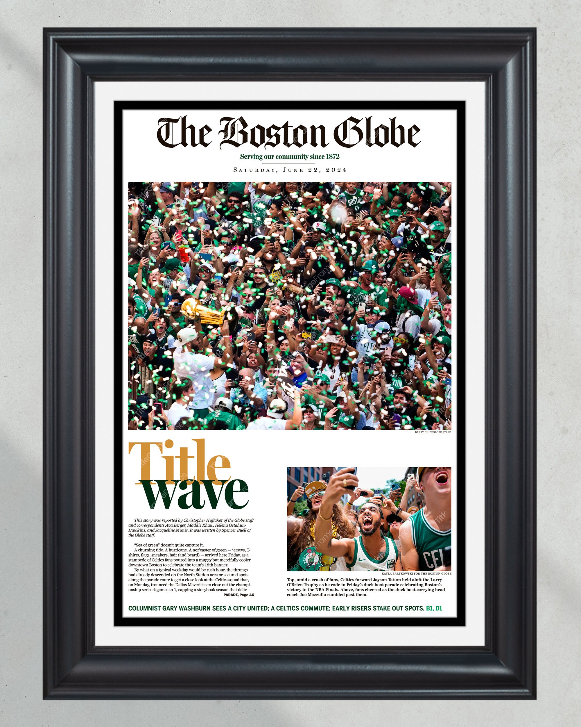 2024 Boston Celtics NBA Champions 'Title Wave' Parade Celebration Framed Newspaper PT60676