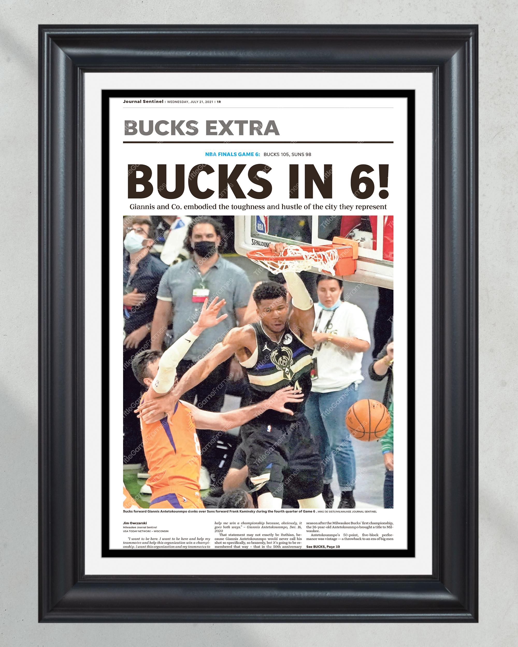 2021 Milwaukee Bucks "Bucks in Six" NBA Championship Framed Newspaper Front Page Print PT60605