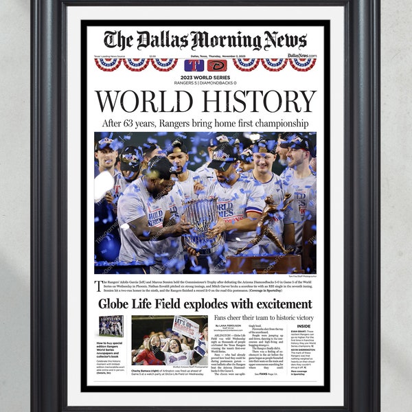 2023 Texas Rangers World Series Champions: 'WORLD HISTORY' - Framed Front Page Newspaper