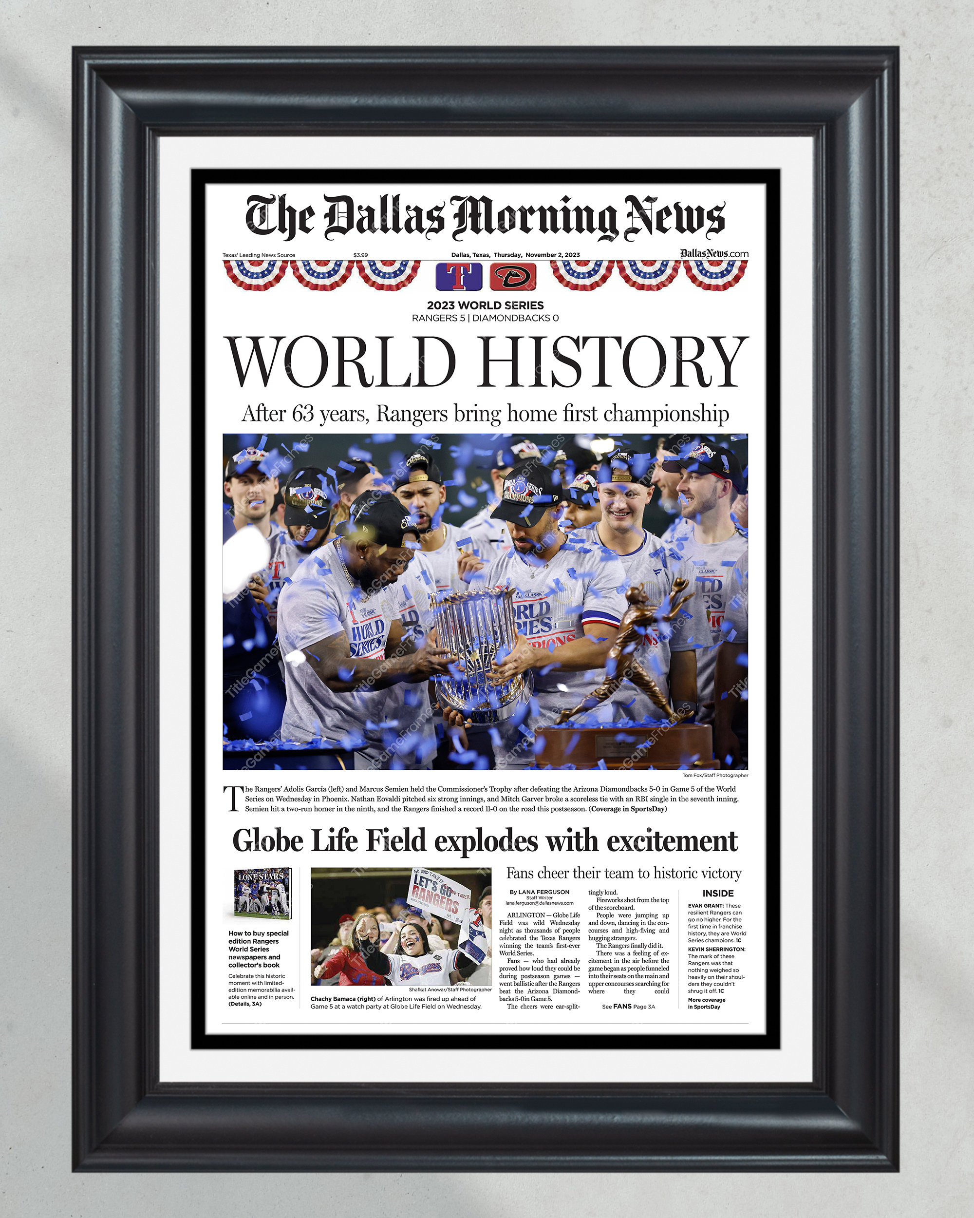 2023 Texas Rangers World Series Champions: 'WORLD HISTORY' - Framed Front Page Newspaper PT60777