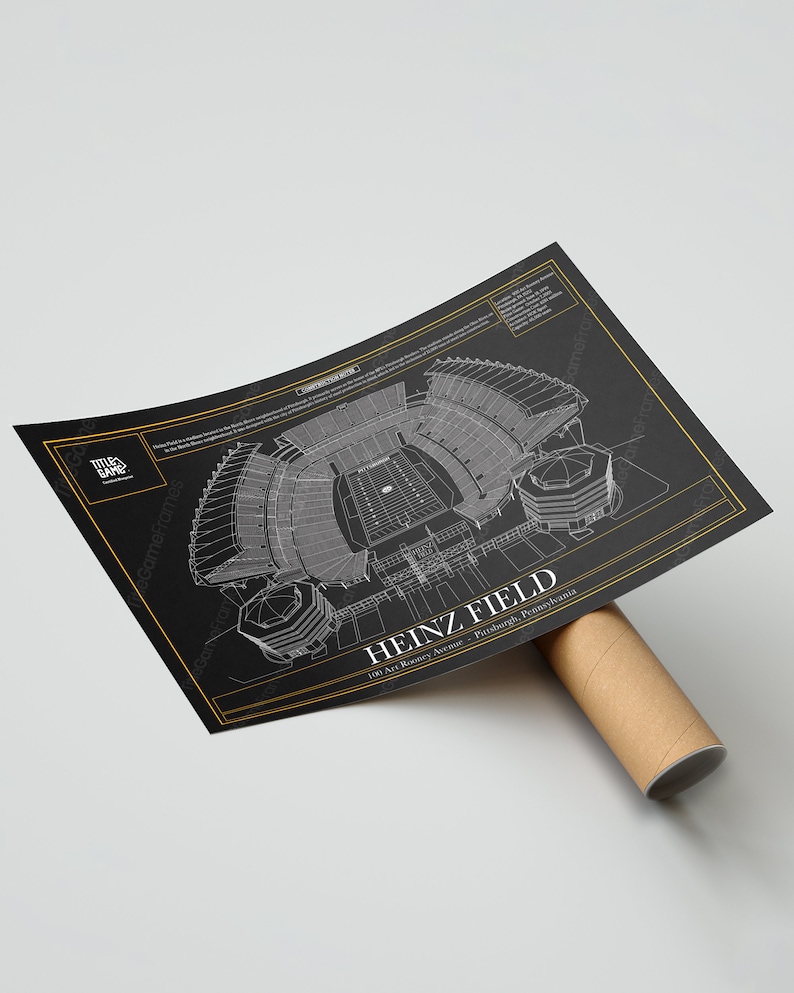 May include: A black and white architectural blueprint style print of Heinz Field, a football stadium in Pittsburgh, Pennsylvania. The print features the stadium's layout, including the field, seating, and surrounding buildings. The text "HEINZ FIELD" and "100 Art Rooney Avenue, Pittsburgh, Pennsylvania" is printed in white on a gold background.