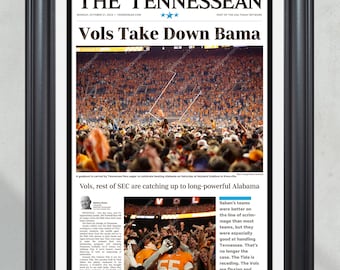 Ingelijste krant uit 2024 met als thema "Tennessee Volunteers verslaan Alabama"