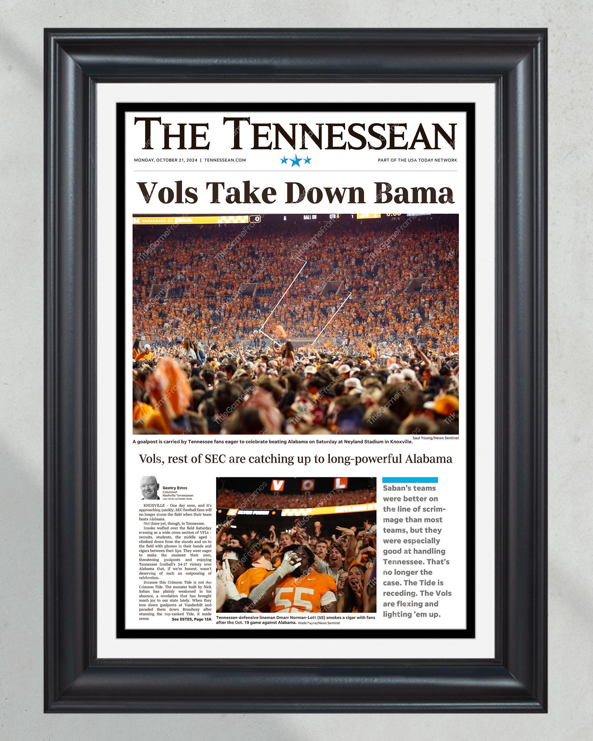 2024 Tennessee Volunteers "Vols Take Down Bama" Framed Newspaper PT60551