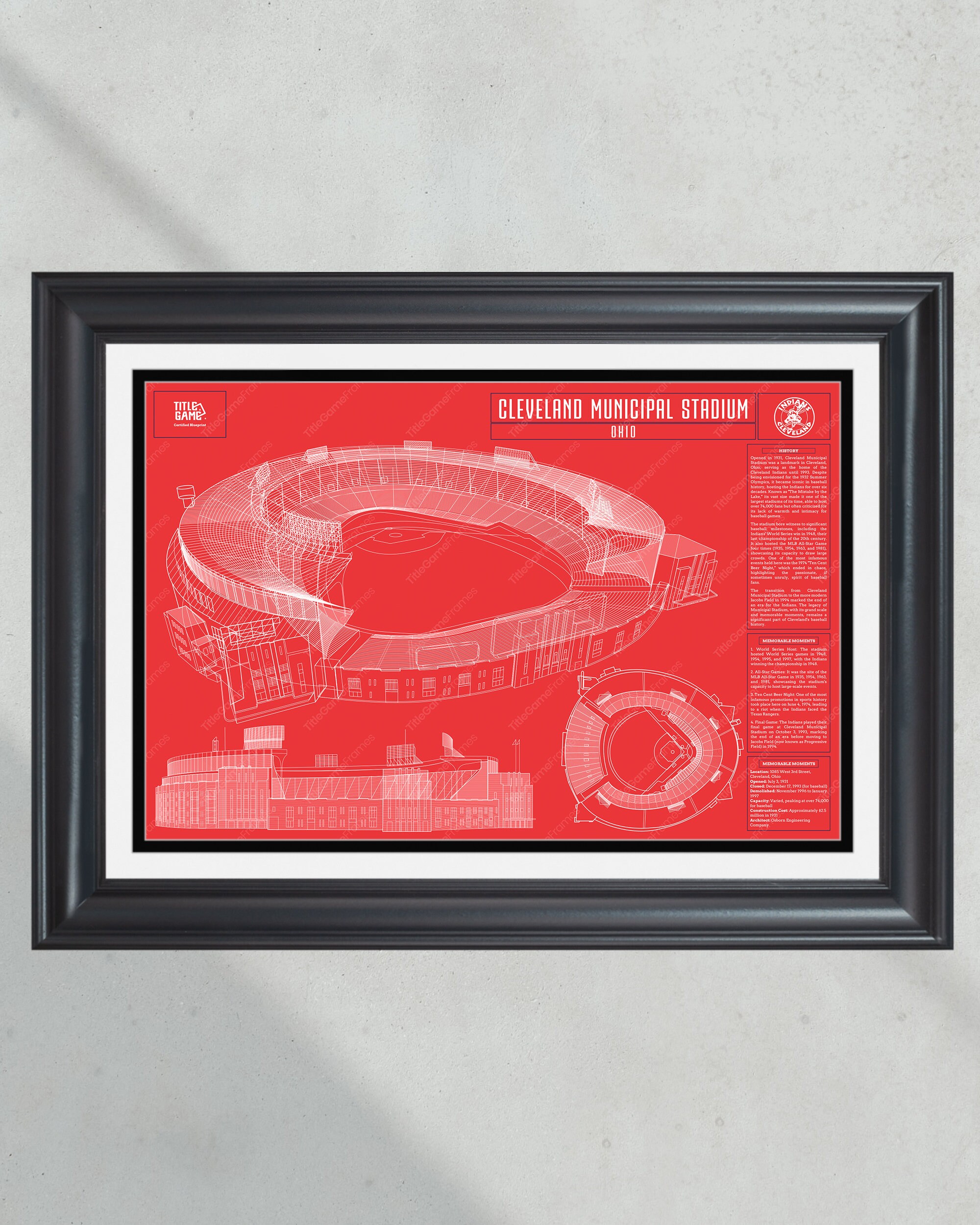 Cleveland Indians Cleveland Municipal Stadium: Classic Ballpark Blueprint - Baseball Stadium Wall Art PT60276