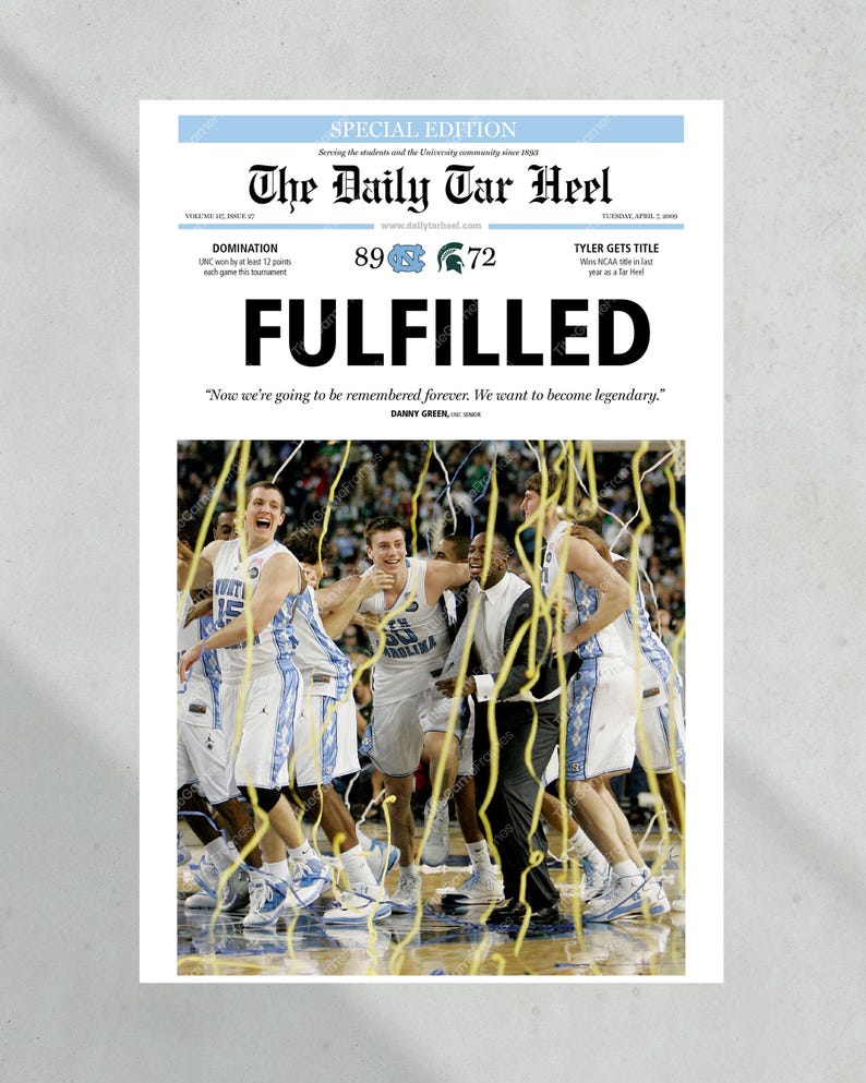 May include: A newspaper headline reads "FULFILLED" with the text "Now we're going to be remembered forever. We want to become legendary."  The headline is above a photo of a basketball team celebrating their victory. The team is wearing blue and white uniforms and is covered in confetti. The score of the game is shown as 89 to 72.