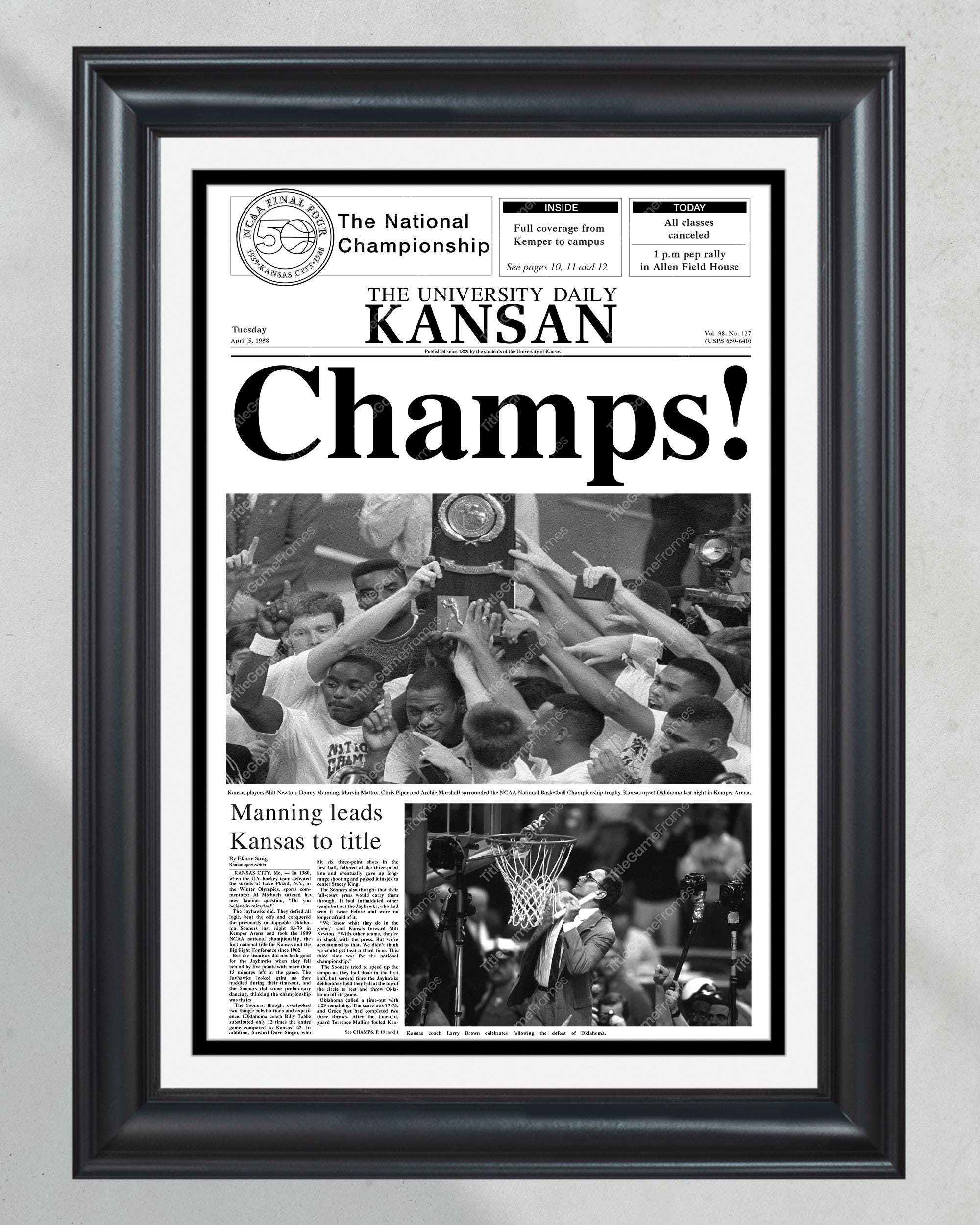 1988 Kansas Jayhawks NCAA College Basketball National Champions Framed Front Page Newspaper Print PT60405