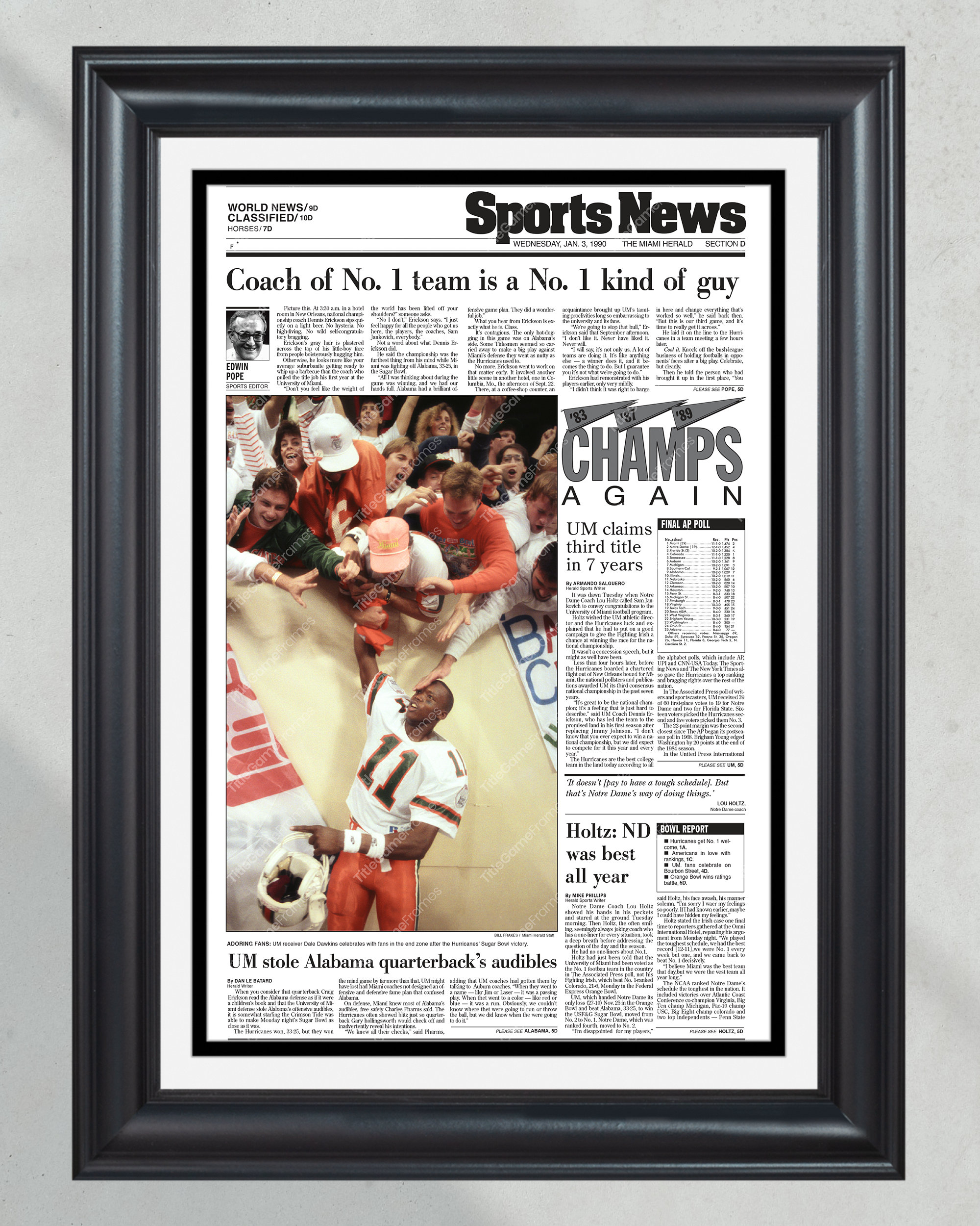 1989 Miami Hurricanes: 'Champs Again' National Football Champions Framed Newspaper PT60618