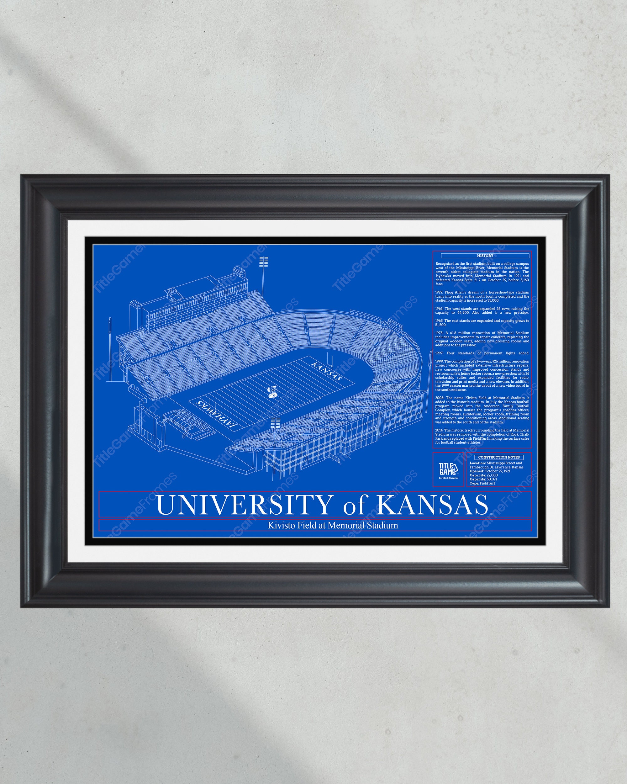 Kansas University Kivisto Field at Memorial Stadium Blueprint Football Print PT60537
