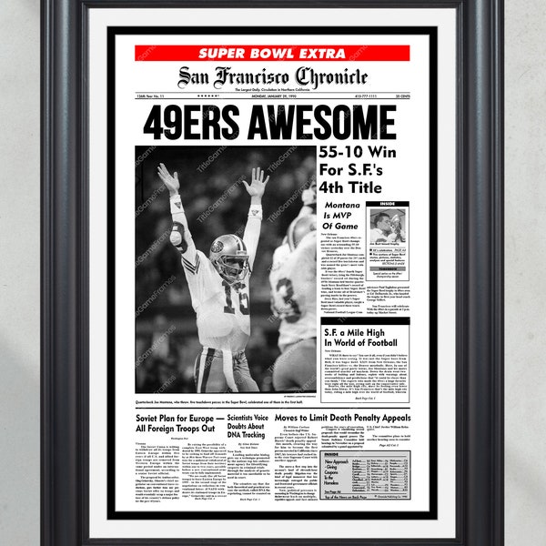 1990 San Francisco 49ers Super Bowl Meister eingerahmt Titelseite Zeitungsdruck