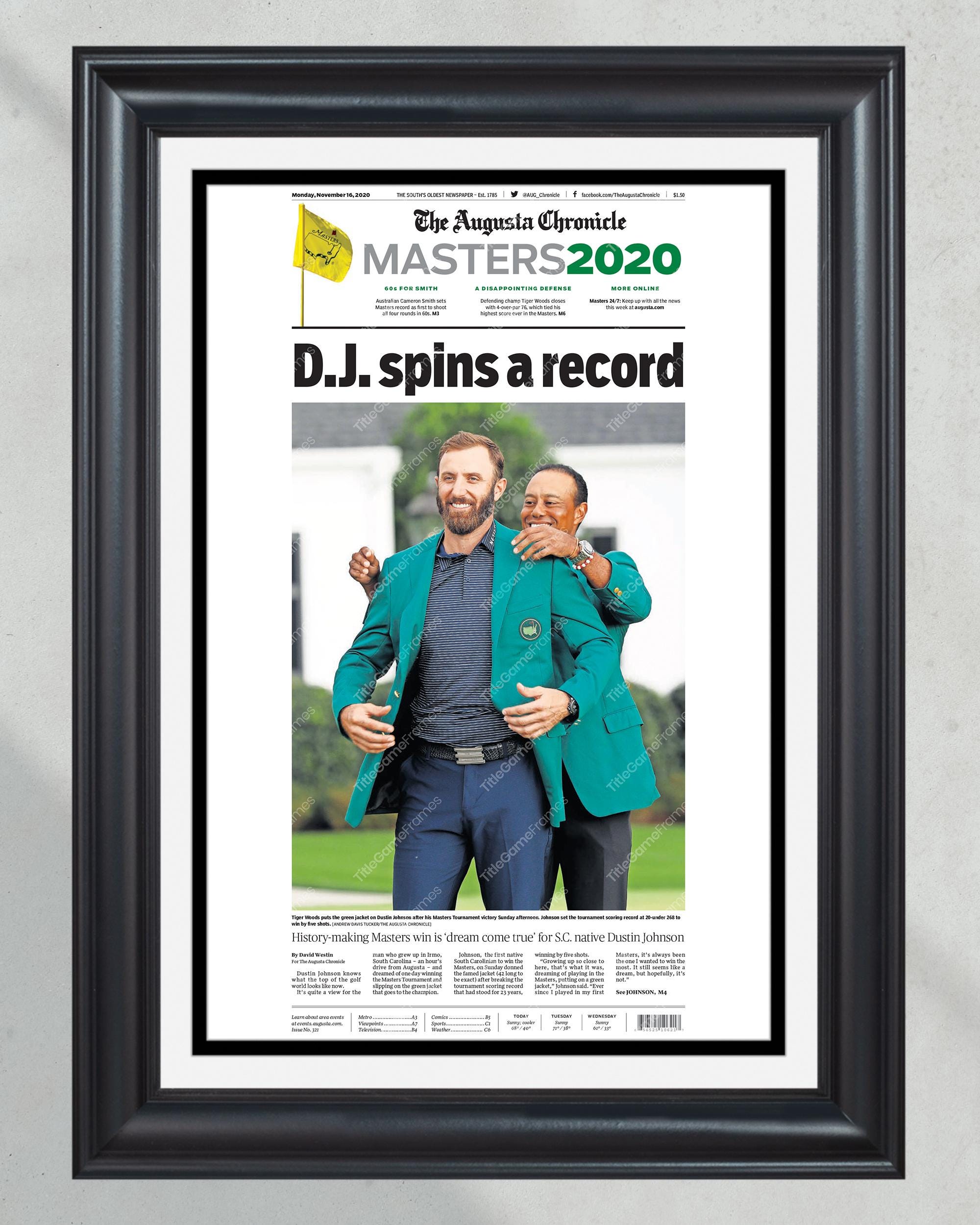 2020 PGA Masters Champion Dustin Johnson Framed Front Page Newspaper Print PT60388