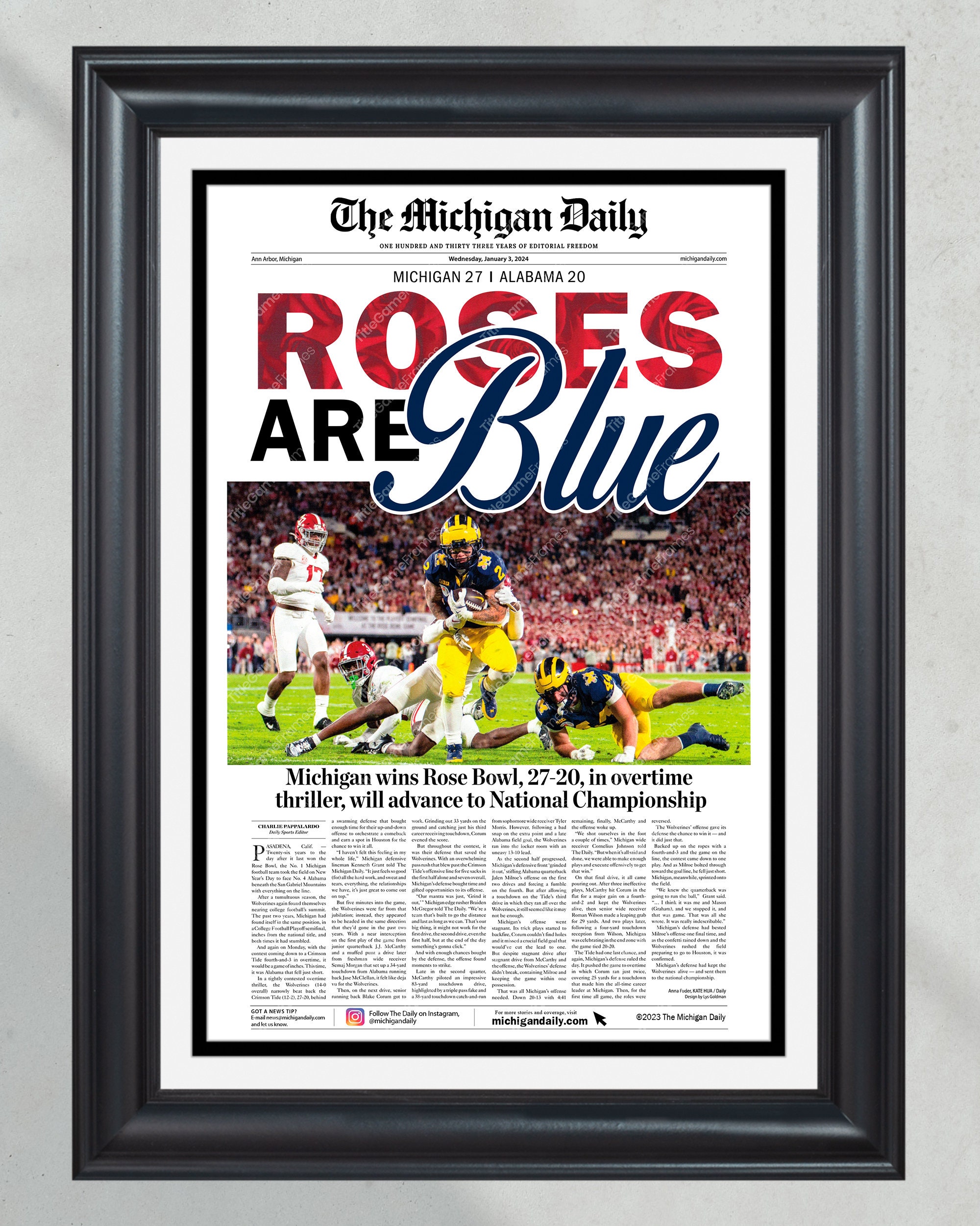 2023 Michigan Wolverines Rose Bowl: 'Roses are Blue' OT Victory Over Alabama - Framed Print PT60298