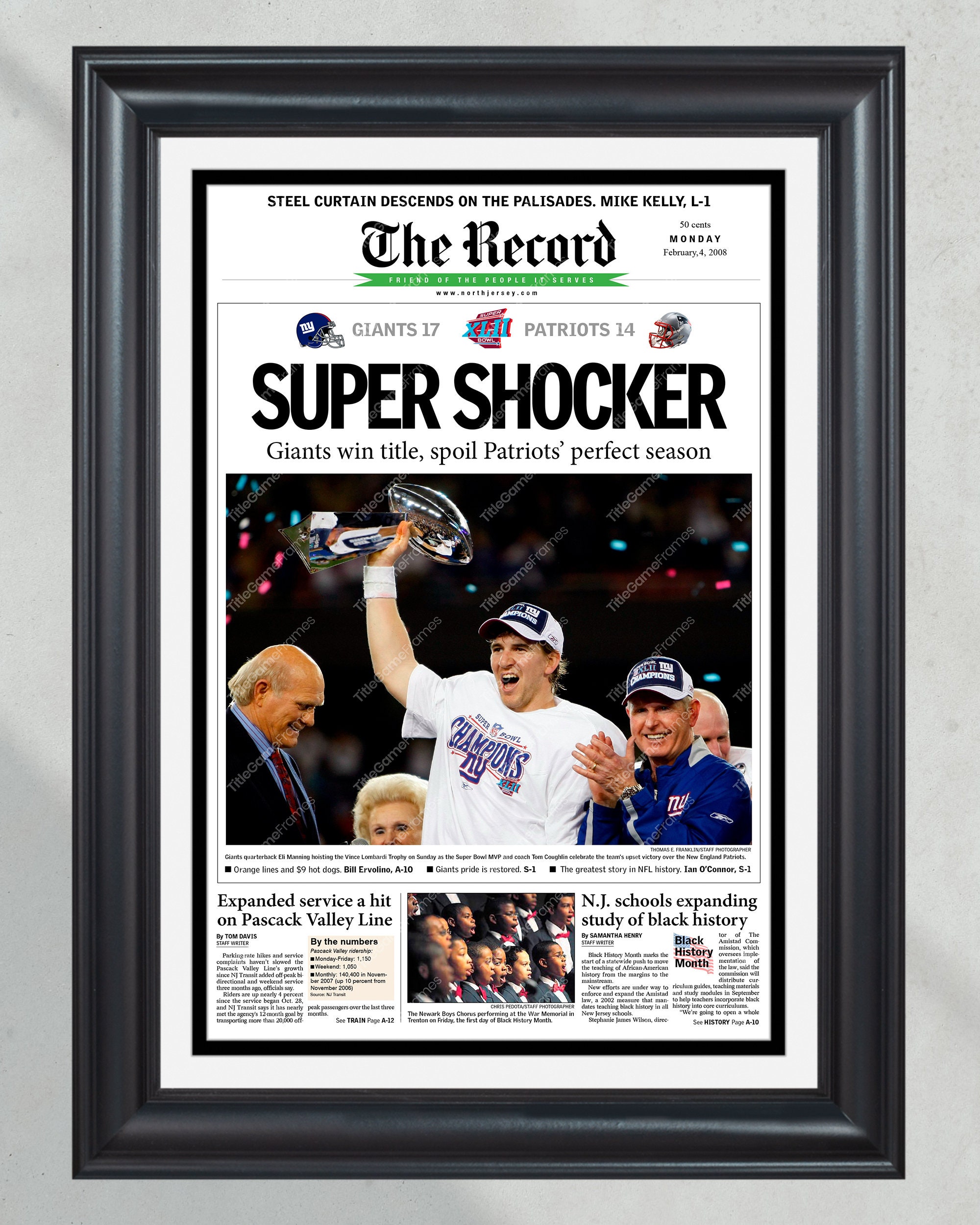 2008 NY Giants Super Bowl 'SUPER SHOCKER' Framed Newspaper Eli Manning PT60525