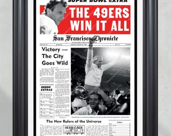May include: A black and white newspaper front page with the headline "SUPER BOWL EXTRA THE 49ERS WIN IT ALL" and a sub-headline "San Francisco Chronicle". The main image shows a football player being lifted up by other players after winning a game.