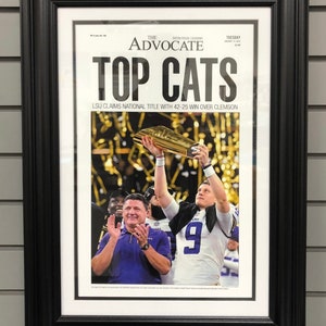 2019 LSU Tigers National Champions "Top Cats" Framed Front Page Newspaper Print