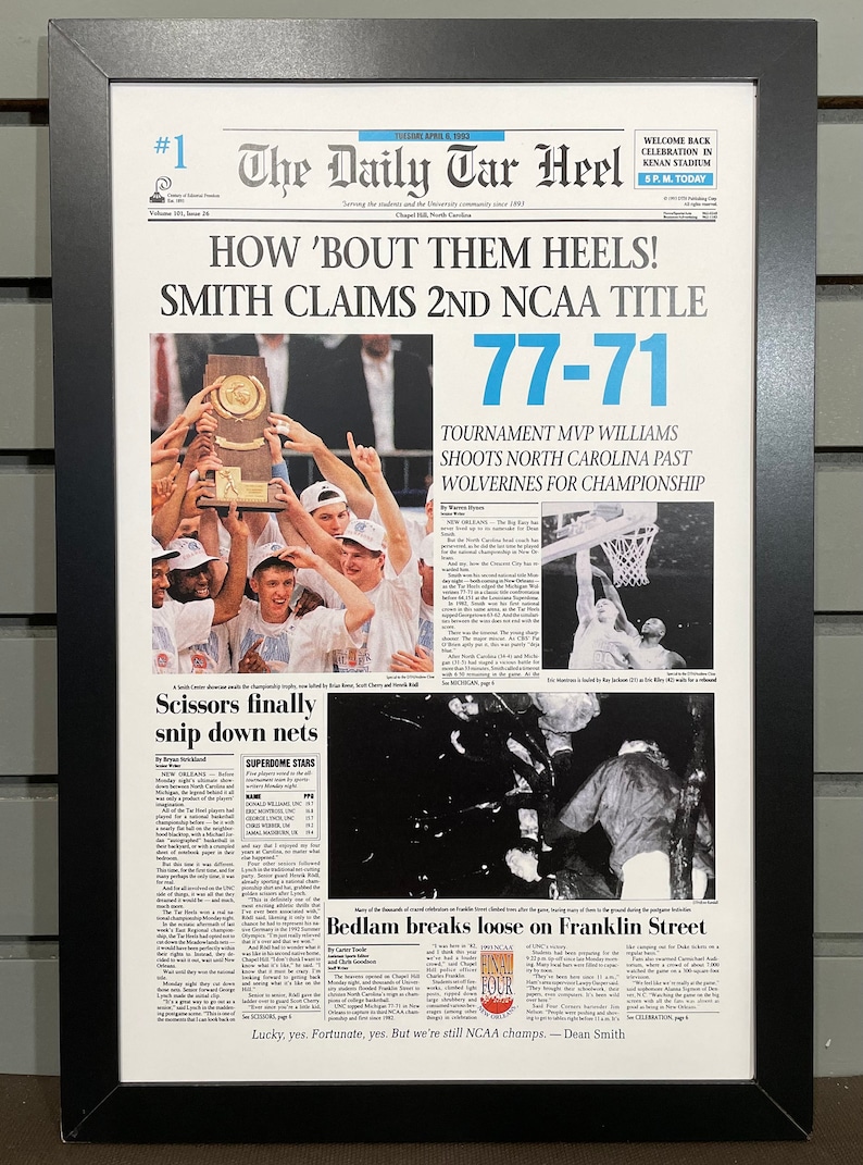 1993 North Carolina Tar Heels NCAA College Basketball Champions Framed Front Page Newspaper Print Standard Frame