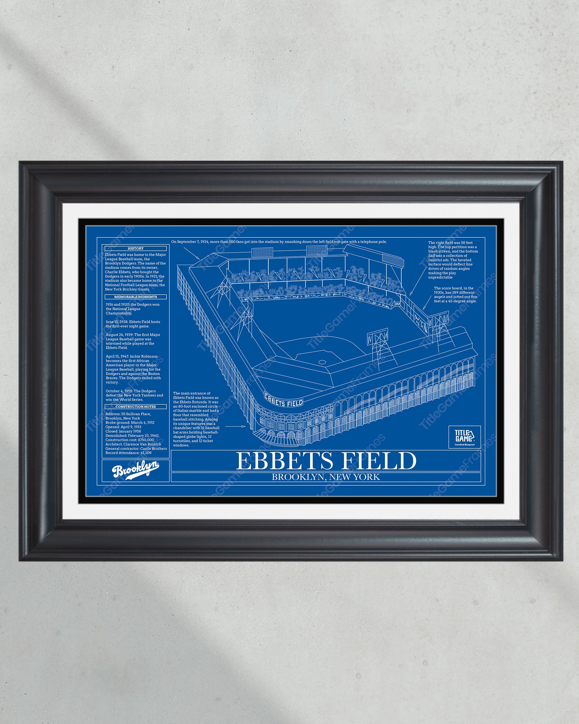 Brooklyn Dodgers Ebbets Field Stadium Ballpark Blueprint Baseball Wall Art PT60387