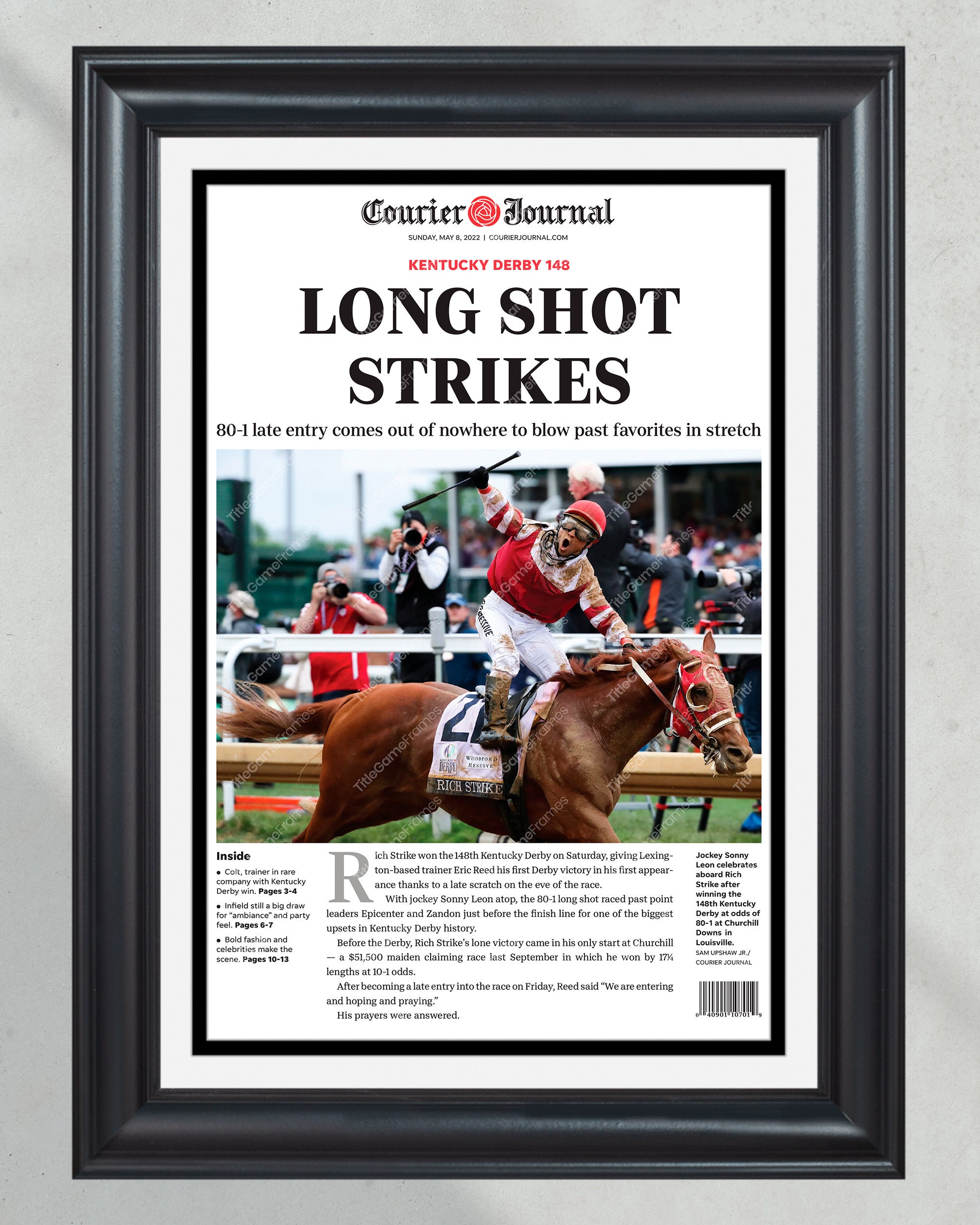 2022 Kentucky Derby Rich Strike Wins The Derby As The Long Shot Framed Front Page Newspaper Print PT60887