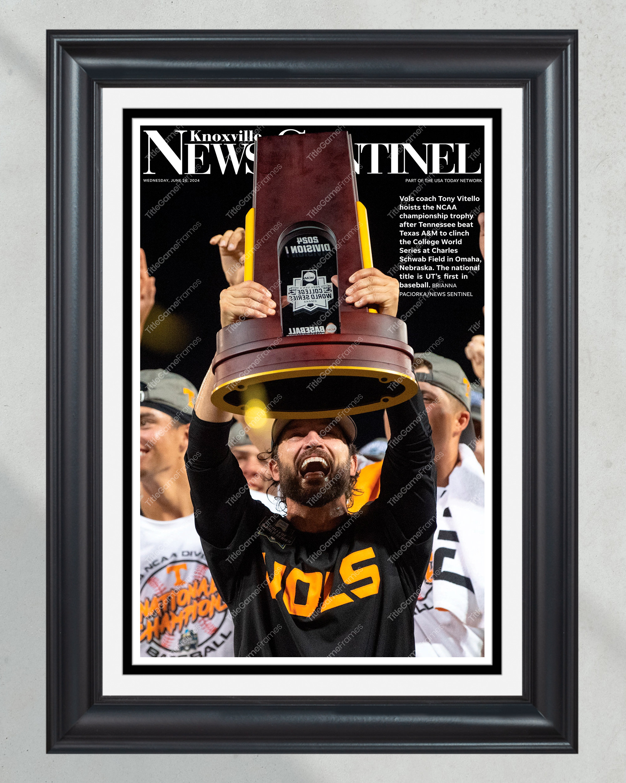 2024 Tennessee Volunteers CWS Champions - Tony Vitello's Triumph Framed Newspaper PT61085