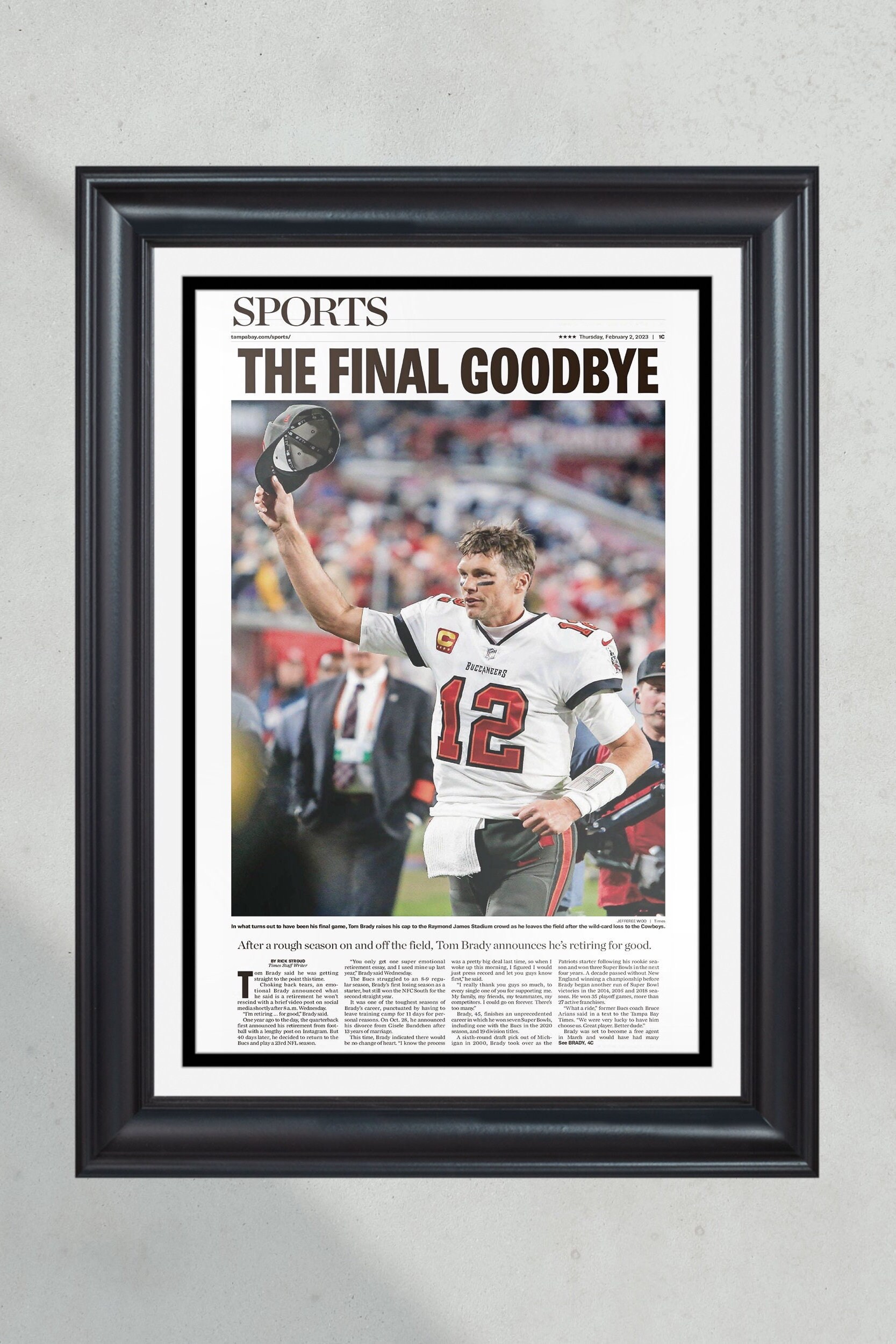 2023 Tom Brady Final Retirement Framed Front Page Newspaper Print PT60911
