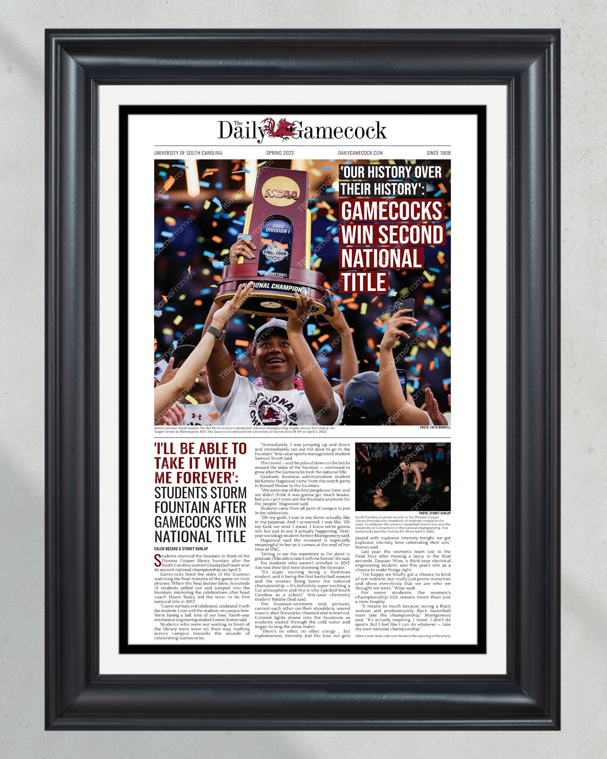 2022 South Carolina Gamecocks Women's Basketball Champions Framed Newspaper Print PT61068