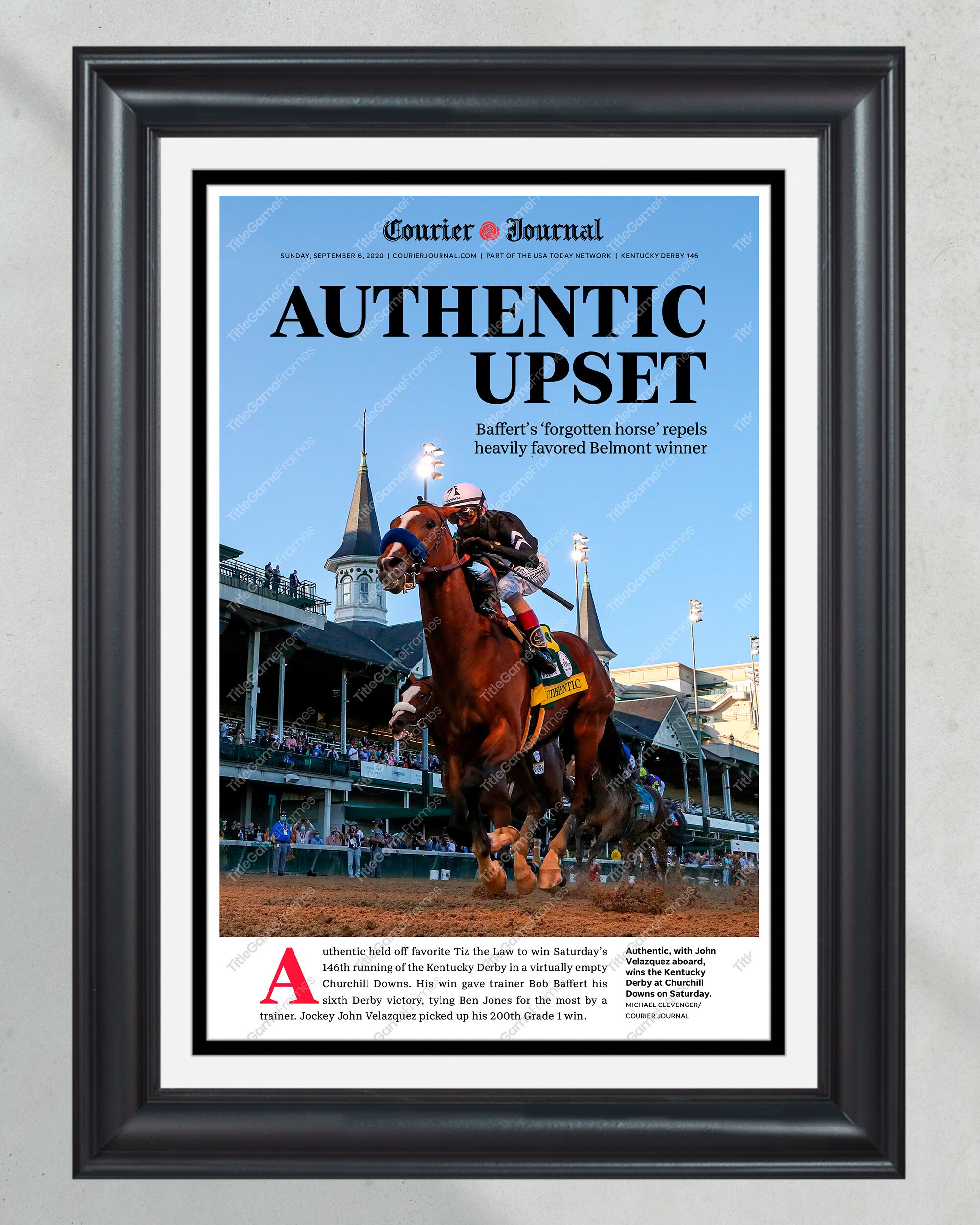 2020 Kentucky Derby 'Authentic Upset': Bob Bafferts Historic Sixth Win Framed Newspaper PT60263